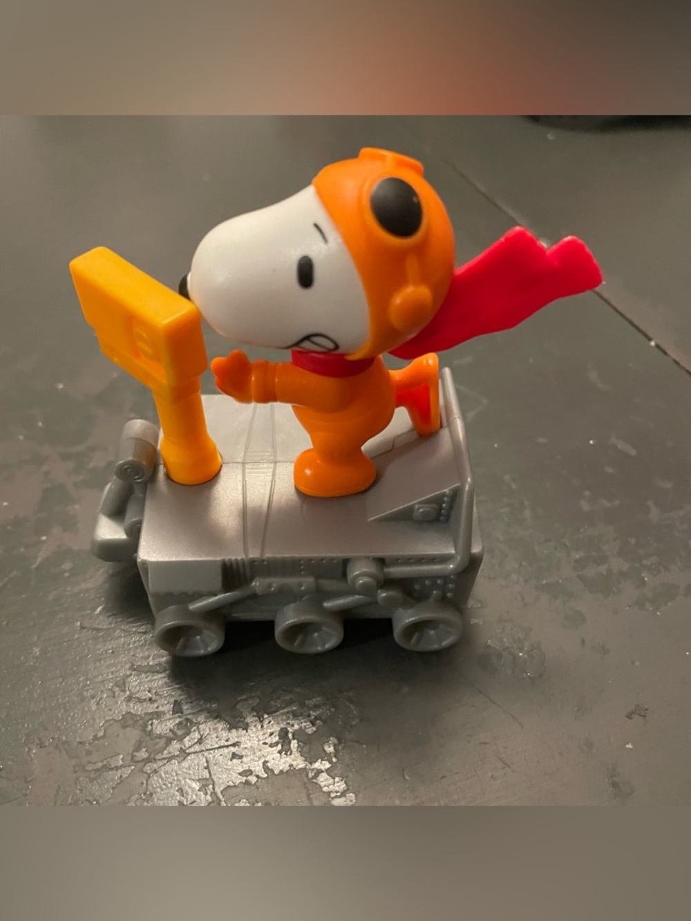 Peanuts Snoopy Orange Astronaut Figure with Red Cape on Gray Rover nasa